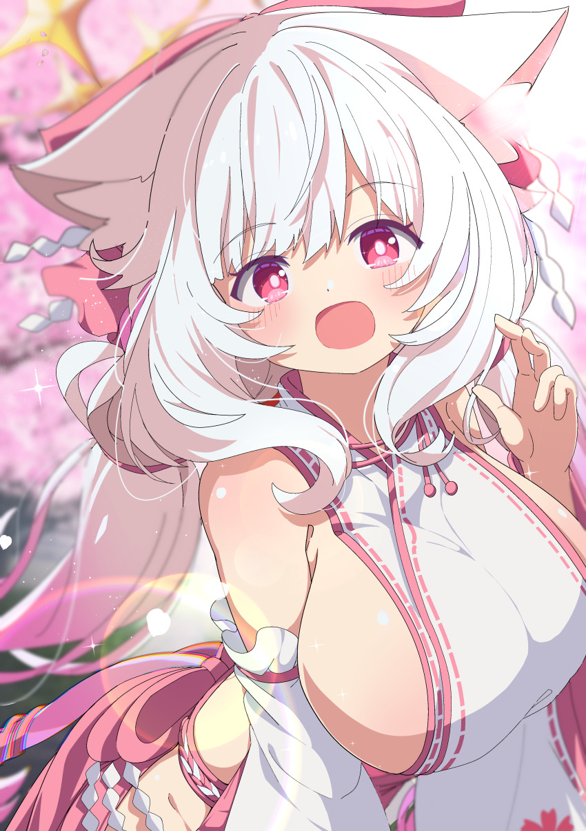 1girl absurdres animal_ears bare_shoulders blurry blurry_background blush breasts cherry_blossoms detached_sleeves hakama hakama_skirt highres japanese_clothes large_breasts looking_at_viewer miko open_mouth original outdoors pink_hakama red_eyes red_ribbon ribbon shiro9jira sideboob skirt smile solo white_hair