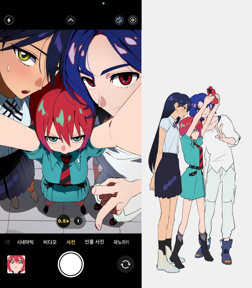 1boy 2girls absurdres amate_yuzuriha aqua_eyes blue_hair cellphone cellphone_photo character_request from_below gundam gundam_gquuuuuux height_difference highres holding holding_phone long_sleeves looking_up multicolored_hair multiple_girls phone red_eyes red_hair selfie shirt short_hair shuji_ito smartphone taking_picture viewfinder yang_gallae