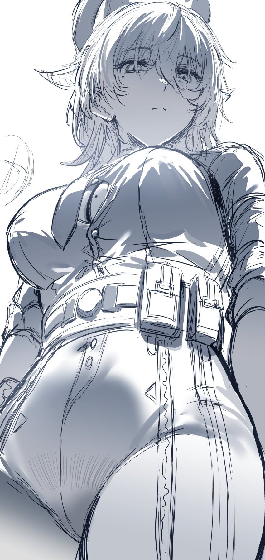 1girl absurdres belt breasts button_gap commentary cowboy_shot curled_horns english_commentary frown greyscale hair_between_eyes hews highres horns large_breasts looking_at_viewer mole mole_on_breast monochrome necktie pouch simple_background solo standing taut_clothes unfinished white_background wuthering_waves zani_(wuthering_waves)