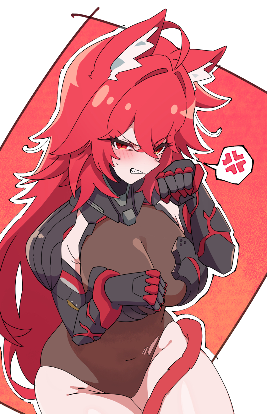 1girl ahoge anger_vein animal_ear_fluff animal_ears armor armored_leotard armpit_crease blush border breasts brown_leotard cat_ears cat_girl cat_tail clenched_teeth commentary_request covered_navel cowboy_shot crossed_bangs gauntlets goddess_of_victory:_nikke gradient_background groin hair_between_eyes hands_up highres jin_(jjj) kemonomimi_mode large_breasts leotard long_hair looking_at_viewer nihilister_(nikke) outline outside_border parted_lips paw_pose red_background red_eyes red_hair see-through_cleavage see-through_clothes shoulder_armor sitting solo speech_bubble spoken_anger_vein sweatdrop tail teeth torn_clothes torn_leotard v-shaped_eyebrows very_long_hair white_border white_outline