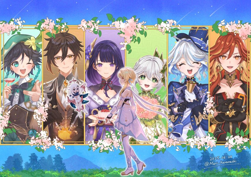 2boys 6+girls aqua_eyes aqua_hair black_bodysuit black_bow black_bowtie black_gloves black_hair blonde_hair blue_hair blue_hat blue_jacket blush bodysuit bow bowtie braid breasts brown_hair brown_jacket brown_vest closed_eyes closed_mouth cup dress earrings fingerless_gloves flower furina_(genshin_impact) genshin_impact glass gloves green_eyes green_hair green_hat hair_between_eyes hair_ornament hat high_heels highres holding holding_cup holding_flower jacket japanese_clothes jewelry karanashi_mari kimono long_hair long_sleeves looking_at_viewer lumine_(genshin_impact) mavuika_(genshin_impact) medium_breasts multicolored_hair multiple_boys multiple_girls nahida_(genshin_impact) necktie one_eye_closed open_mouth orange_eyes orange_hair paimon_(genshin_impact) pointy_ears purple_eyes purple_hair purple_kimono raiden_shogun red_hair rose short_hair short_hair_with_long_locks side_ponytail smile streaked_hair symbol-shaped_pupils thighhighs top_hat twin_braids two-tone_hair venti_(genshin_impact) vest white_dress white_gloves white_hair white_necktie white_thighhighs yellow_eyes zhongli_(genshin_impact)