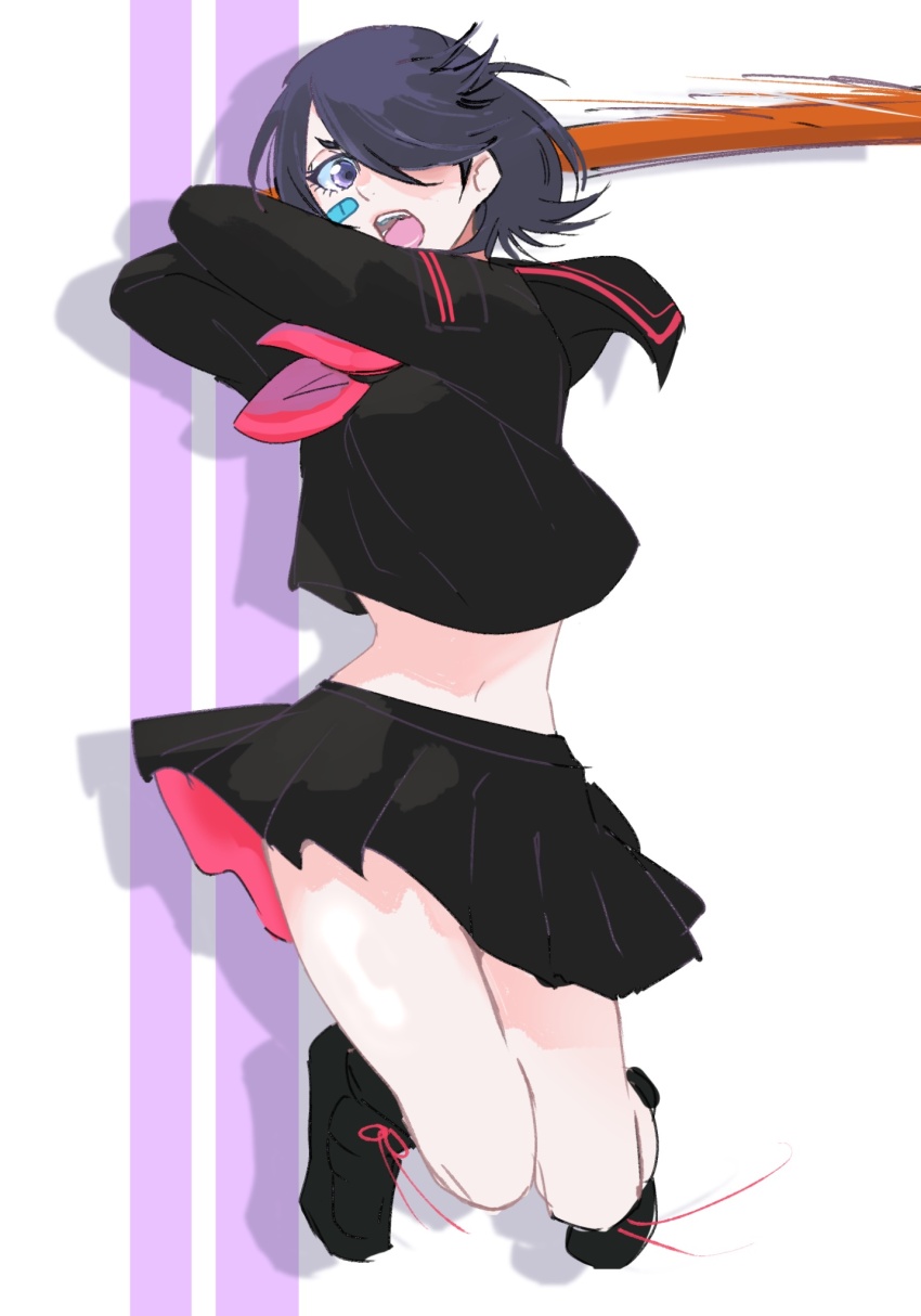1girl arms_up bandaid bandaid_on_cheek bandaid_on_face black_hair black_neckerchief black_serafuku black_shirt black_shoes black_skirt bleach commentary crop_top drop_shadow full_body hair_over_one_eye highres holding holding_sword holding_weapon jumping kubo_tite_(style) kuchiki_rukia long_sleeves miniskirt navel neckerchief official_alternate_costume open_mouth pleated_skirt purple_eyes sailor_collar school_uniform sekihan_(6kihan) serafuku shirt shoes short_hair skirt solo sword teeth two-sided_fabric two-sided_skirt weapon wooden_sword