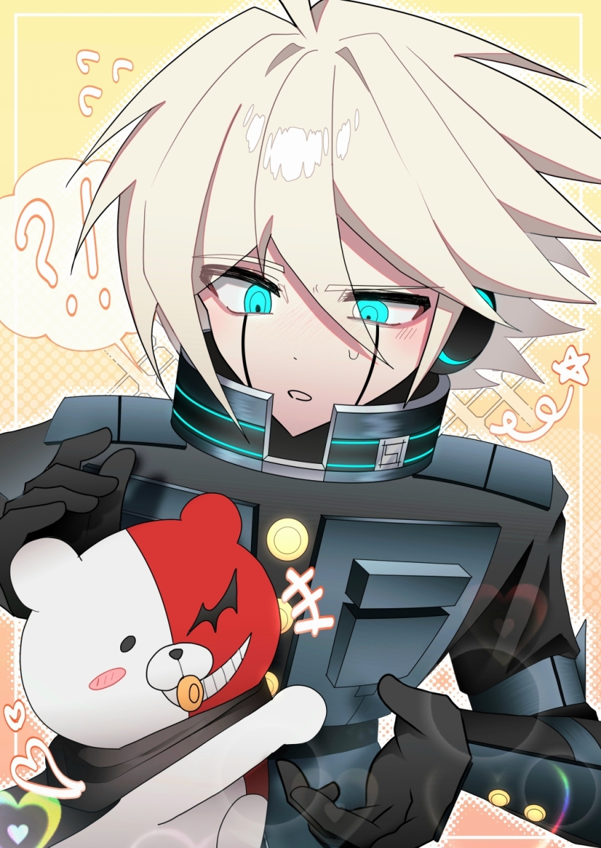 !? 1boy ahoge android aqua_eyes armor blush commentary danganronpa_(series) danganronpa_v3:_killing_harmony glowing glowing_eyes grey_hair hair_between_eyes half-closed_eye heart highres k1-b0 lv_k1b0 male_focus monotaro_(danganronpa) pants power_armor ringed_eyes robot_ears short_hair solo spiked_hair star_(symbol) stuffed_animal stuffed_toy sweatdrop teddy_bear upper_body yellow_background