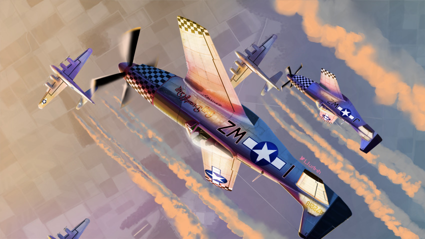 1_1-udmh aircraft airplane b-17_flying_fortress cloud commentary_request english_text flying highres military military_vehicle no_humans original p-51_mustang propeller_fighter world_war_ii