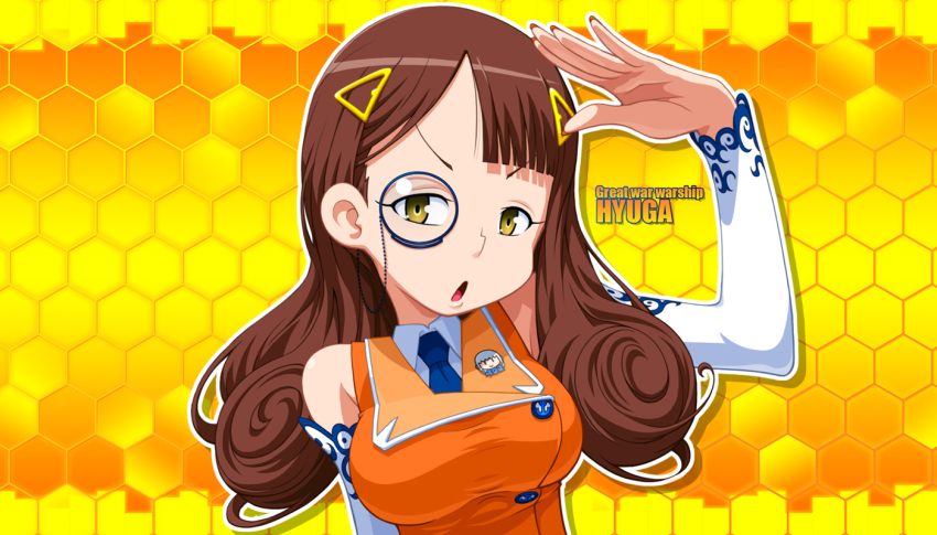 10s 1girl aoki_hagane_no_arpeggio bad_id bad_pixiv_id brown_hair character_name detached_sleeves female_focus hyuuga_(aoki_hagane_no_arpeggio) iona_(aoki_hagane_no_arpeggio) kamo_3 long_hair monocle necktie pin salute solo yellow_eyes