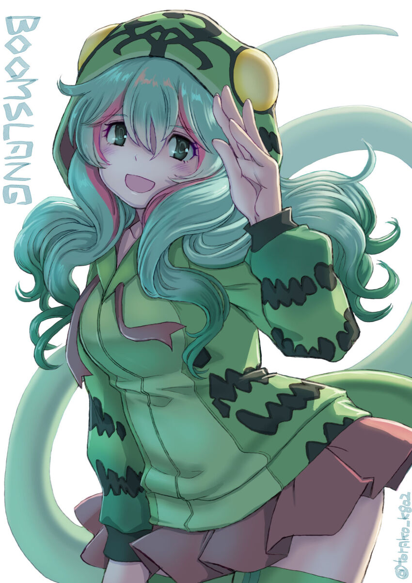 1girl blush boomslang_(kemono_friends) cowboy_shot green_eyes green_hair green_hoodie green_thighhighs highres hood hood_up hoodie kemono_friends kosai_takayuki long_hair long_sleeves looking_at_viewer multicolored_hair multicolored_hoodie open_mouth pink_skirt pleated_skirt print_hoodie puffy_sleeves red_hair skirt smile snake_girl snake_print snake_tail solo tail thighhighs zettai_ryouiki