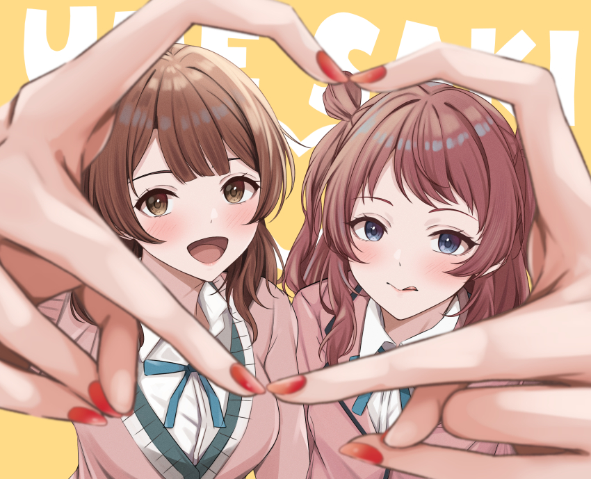 four-finger_heart_hands :d :q blazer blue_ribbon blush breasts brown_hair cardigan character_name commentary_request fingernails gakuen_idolmaster hanami_saki hanami_ume hand_focus hatsuboshi_gakuen_school_uniform heart heart_hands heart_hands_duo highres idolmaster jacket looking_at_viewer medium_breasts nail_polish neck_ribbon open_mouth pink_cardigan pink_jacket ribbon school_uniform shirt smile tongue tongue_out upper_body white_shirt yellow_background yuzuyu_(hyui)