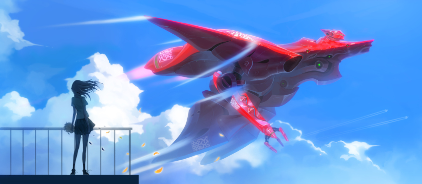 1girl absurdres aircraft airplane bad_id bad_pixiv_id blue_sky bouquet cloud contrail day female_focus fence flower flying highres jet ladic long_hair md5_mismatch mecha original petals realistic robot science_fiction skirt sky socks solo vehicle_focus wind