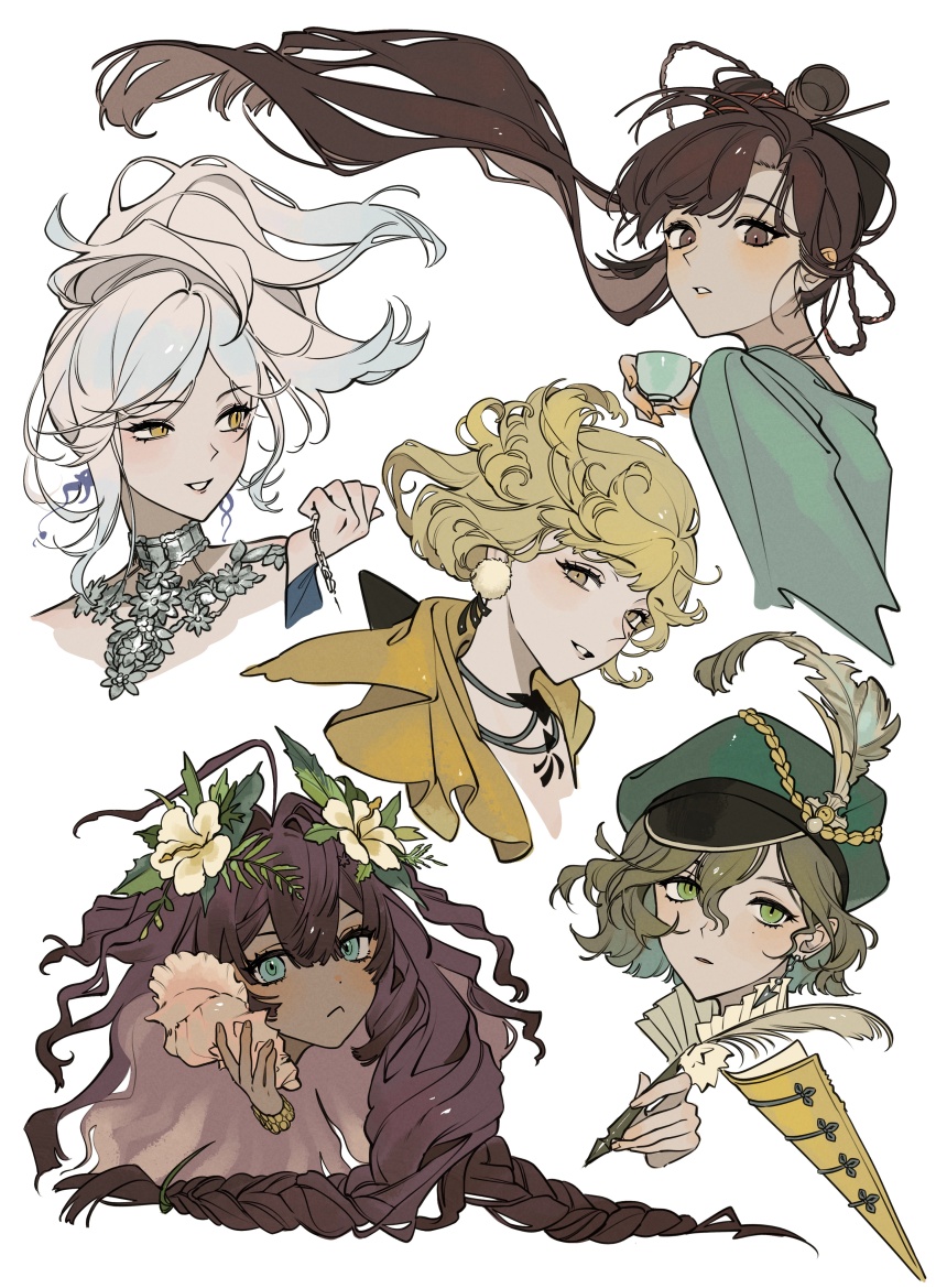 5girls absurdres blonde_hair brown_eyes brown_hair cabbie_hat commentary_request cropped_head cropped_shoulders cup dark-skinned_female dark_skin earrings eternity_(reverse:1999) fatutu flower green_eyes green_hat hair_bun hair_flower hair_ornament hat hat_feather highres holding holding_cup holding_quill jewelry jiu_niangzi ms._newbabel multiple_girls pom_pom_(clothes) pom_pom_earrings purple_hair quill recoleta_(reverse:1999) reverse:1999 silver_choker simple_background szztzzs white_background white_hair yellow_eyes