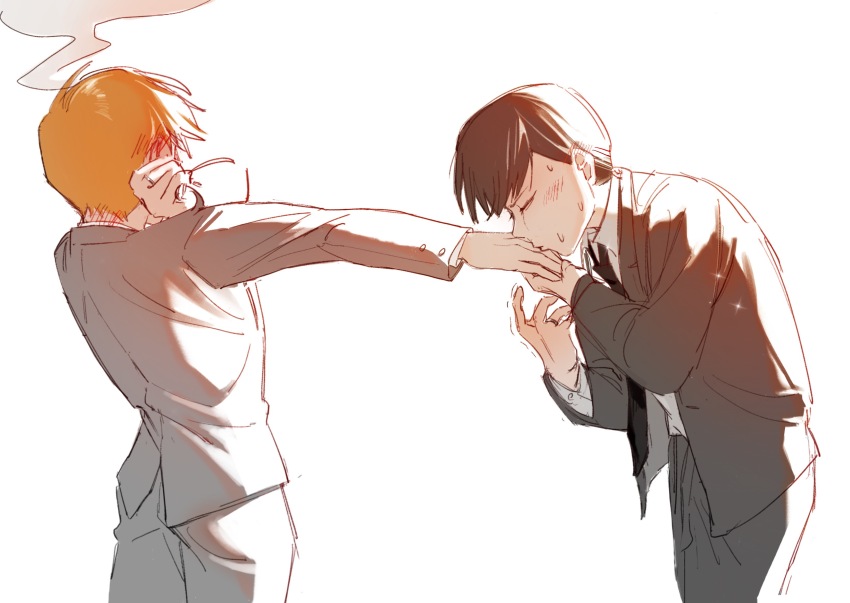 2boys absurdres baobing black_hair black_necktie blonde_hair blush chinese_commentary closed_eyes collared_shirt commentary_request embarrassed grey_jacket grey_pants head_steam highres jacket jewelry kageyama_shigeo kiss kissing_hand long_sleeves male_focus mob_psycho_100 multiple_boys necktie open_clothes open_jacket pants reigen_arataka ring shirt short_hair simple_background trembling variant_set white_background white_shirt yaoi