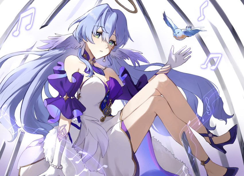 1girl bare_shoulders bird bird_wings blue_hair breasts cleavage dress feathers gloves green_eyes hair_between_eyes head_wings high_heels honkai:_star_rail honkai_(series) long_hair looking_at_viewer medium_breasts musical_note open_mouth robin_(honkai:_star_rail) sheet_music solo strapless strapless_dress white_dress white_gloves wings wjms4835