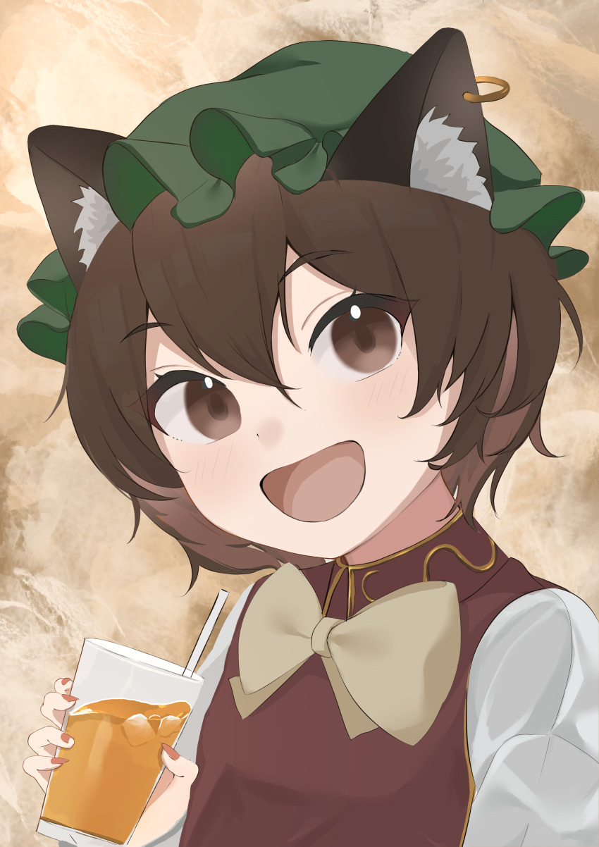 1girl :d absurdres animal_ear_fluff animal_ears bow bowtie brown_hair cat_ears chen cup drink drinking_straw earrings green_hat happy hat highres holding holding_cup jewelry juice mob_cap mug nail_polish open_mouth palulap red_nails smile solo touhou upper_body
