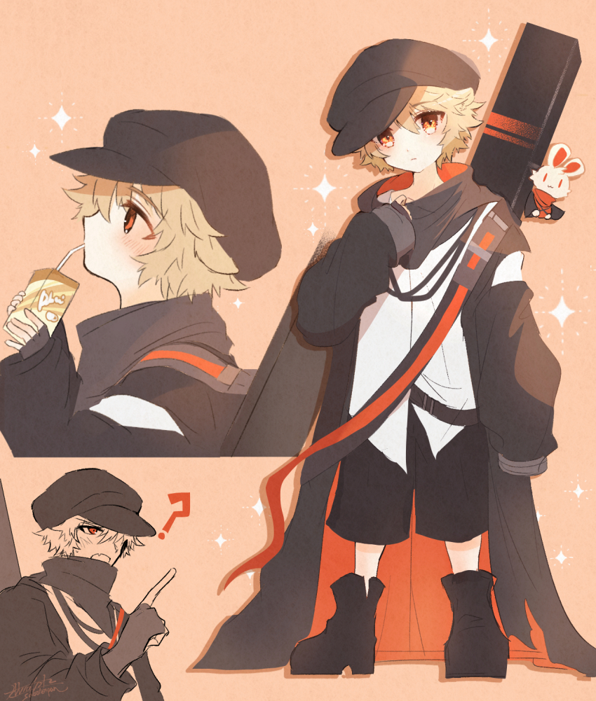 1boy ? aged_down arknights bendy_straw black_boots black_hat black_jacket black_shorts blush boots brown_background brown_hair newsboy_cap drinking_straw fingerless_gloves gloves grey_gloves hand_up hat highres holding index_finger_raised jacket long_sleeves male_focus multiple_views oonohara_kenya open_clothes open_jacket puffy_long_sleeves puffy_sleeves red_(npc)_(arknights) red_eyes shirt shorts signature simple_background sleeves_past_wrists sparkle standing white_shirt
