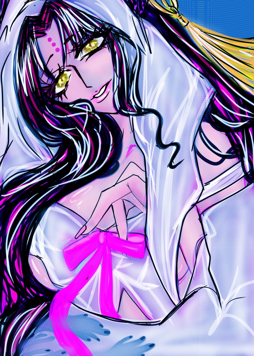 1girl absurdres black_hair breasts dress eco_i_maria facial_mark fate/grand_order fate_(series) forehead_mark highres long_hair looking_at_viewer pink_ribbon ribbon sessyoin_kiara sessyoin_kiara_(heaven&#039;s_hole) sessyoin_kiara_(third_ascension) veil white_dress white_veil yellow_eyes