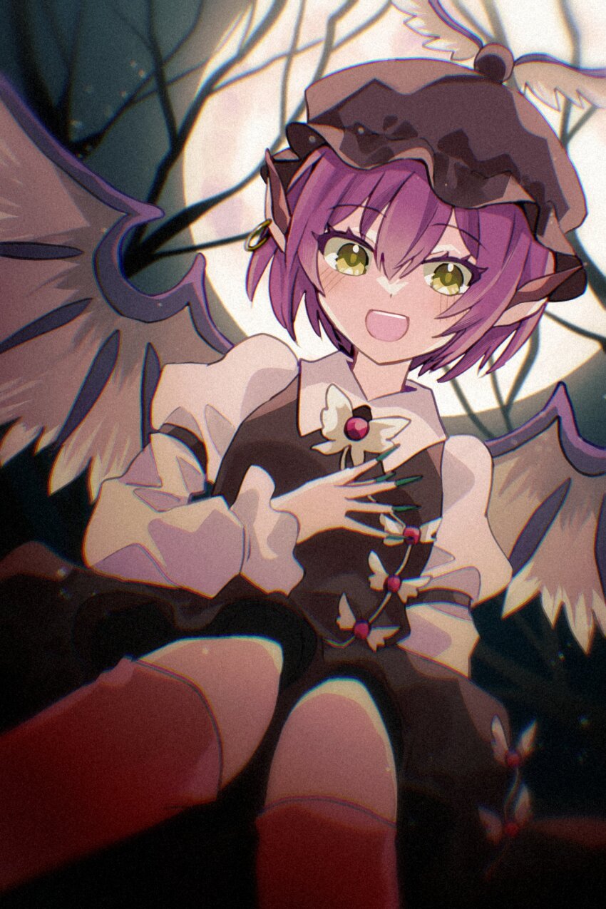 1girl animal_ears bird_ears bird_wings blush brown_dress dress earrings feathered_wings fingernails frilled_dress frills full_moon green_eyes green_nails happy hat highres jewelry juliet_sleeves katsuragi_atori kneehighs long_fingernails long_sleeves mob_cap moon mystia_lorelei night open_mouth outdoors pinafore_dress pink_hair puffy_sleeves red_socks shirt short_hair sitting sleeveless sleeveless_dress smile socks solo teeth touhou tree upper_teeth_only white_shirt white_wings winged_hat wings