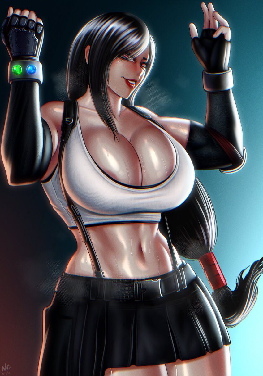 1girl 2022 abs areola_slip armpits arms_behind_head arms_up artist_name beckoning belt black_hair black_panties black_skirt blue_background blurry blush breasts cleavage clenched_hand collarbone commentary covered_erect_nipples cowboy_shot crop_top curvy dated english_commentary eyebrows_hidden_by_hair female_focus final_fantasy final_fantasy_vii final_fantasy_vii_remake gloves gradient_background grin groin half-closed_eyes head_tilt heart highres large_breasts light_smile lips long_hair low-tied_long_hair low_ponytail materia midriff miniskirt muscular muscular_female navel noriakis_art open_mouth panties parted_lips ponytail red_eyes red_gloves red_lips seductive_smile shadow shirt shoulder_pads skindentation skirt smile solo sports_bra square_enix standing steaming_body stretching suspenders sweat swept_bangs taut_clothes thick_thighs thighs tifa_lockhart toned toned_female underwear very_long_hair white_shirt