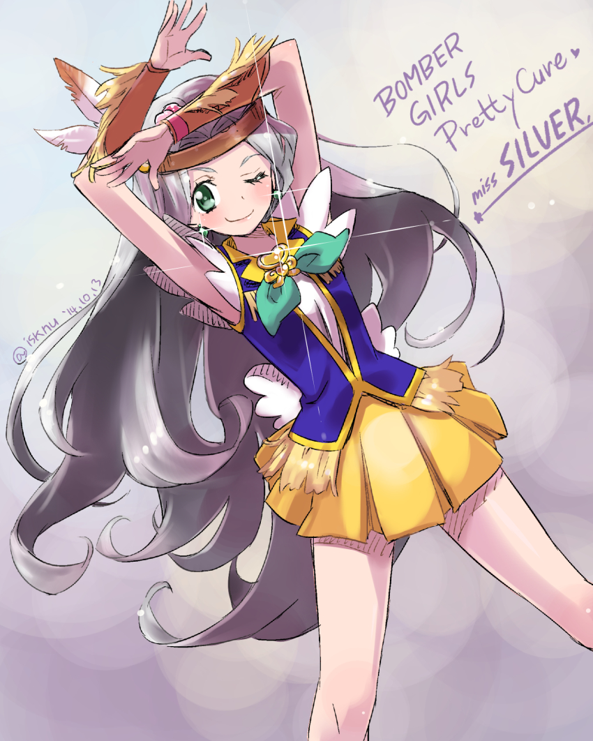 10s 1girl arms_up brooch earrings feathers female_focus green_eyes grey_haired_cure_(bomber_girls_precure)_(happinesscharge_precure!) happinesscharge_precure! headband heart heart_brooch highres isedaichi_ken jewelry long_hair magical_girl one_eye_closed precure silver_hair skirt smile solo