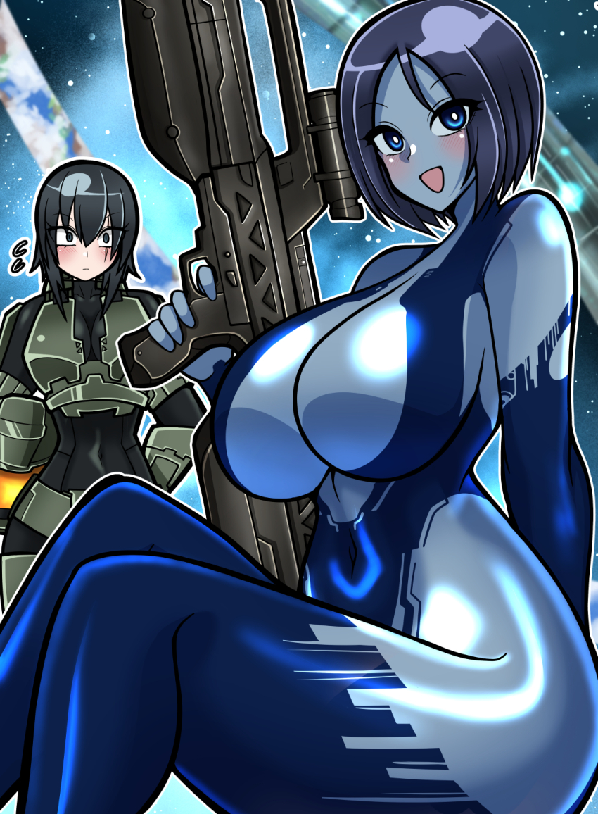 2girls armor black_eyes black_hair blue_eyes blue_hair blue_skin blush breasts colored_skin cortana genderswap genderswap_(mtf) gun halo_(game) halo_(series) helmet highres holding holding_gun holding_weapon iriomote_umineko large_breasts master_chief multiple_girls open_mouth power_armor science_fiction shiny_skin short_hair smile space weapon
