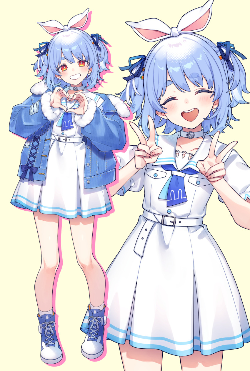 1girl animal_ears blue_hair blue_ribbon chiyomaru_(yumichiyo0606) choker closed_eyes denim denim_jacket double_v earrings hair_ribbon heart heart_hands highres hololive jacket jewelry looking_at_viewer official_alternate_costume official_alternate_hair_length official_alternate_hairstyle open_mouth orange_hair rabbit_earrings rabbit_ears rabbit_girl ribbon short_eyebrows short_hair simple_background smile solo thick_eyebrows tied_ears two_side_up usada_pekora usada_pekora_(casual) v virtual_youtuber white_choker