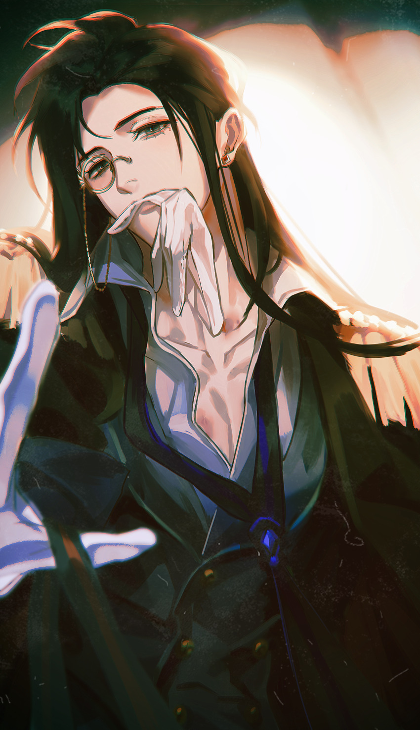 1boy bishounen black_eyes black_hair black_jacket coat collarbone earrings formal_clothes glasses gloves green_eyes gu_yun head_tilt highres jacket jewelry long_hair long_sleeves looking_at_viewer male_focus monocle mouth_hold necktie reaching reaching_towards_viewer sha_po_lang shirt solo upper_body white_gloves zhuowang233