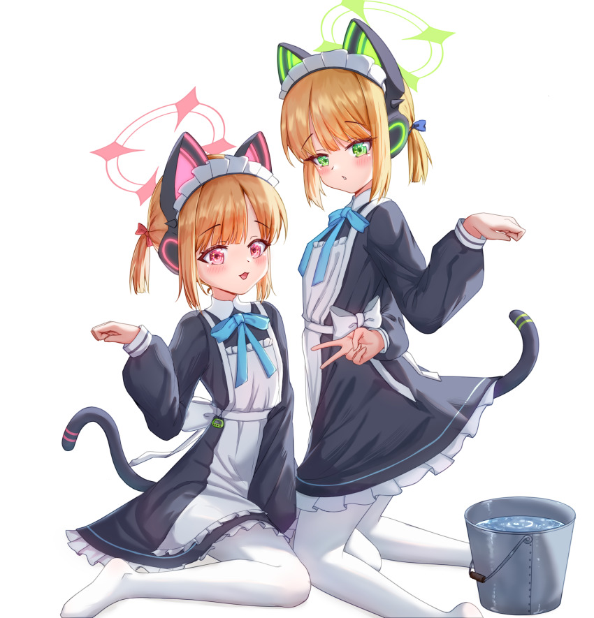 2girls :3 :d animal_ear_headphones animal_ears apron aqua_bow aqua_bowtie arm_behind_back between_legs black_dress blonde_hair blue_archive blue_bow blunt_bangs blush bow bowtie bucket cat_ear_headphones cat_tail chinese_commentary collared_dress commentary_request contrast_collar dress fake_animal_ears fake_tail feet frilled_apron frilled_dress frills from_side full_body green_eyes green_halo hair_bow halo hand_between_legs hand_up headphones highres kneeling long_sidelocks long_sleeves looking_at_viewer looking_down maid maid_apron maid_headdress midori_(blue_archive) midori_(maid)_(blue_archive) momoi_(blue_archive) momoi_(maid)_(blue_archive) multiple_girls nainaizi no_shoes official_alternate_costume official_alternate_hairstyle open_mouth pantyhose paw_pose pink_eyes pink_halo puffy_long_sleeves puffy_sleeves red_bow short_hair short_twintails siblings sidelocks simple_background sisters sitting smile tail tail_raised transparent_background twins twintails v wariza water white_apron white_bow white_pantyhose