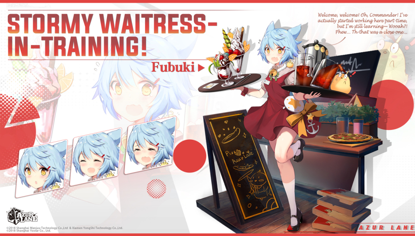 1girl alisa_(kuro_no_sakura) animal_ears azur_lane blue_hair cola dress food fubuki_(azur_lane) fubuki_(stormy_waitress-in-training!)_(azur_lane) ice_cream light_blue_hair looking_at_viewer manjuu_(azur_lane) official_alternate_costume official_art open_mouth pizza short_hair skirt uniform yellow_eyes