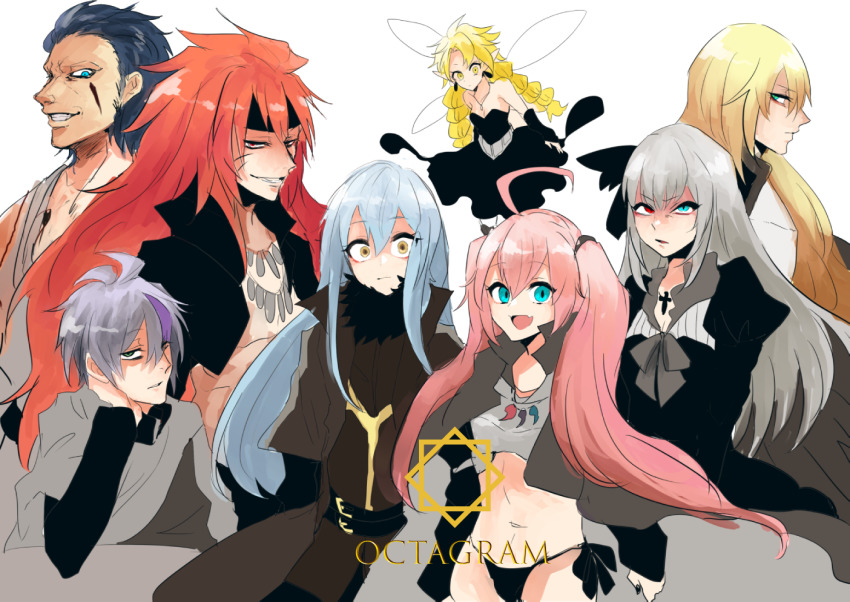 1other 3girls 4boys androgynous belt blonde_hair blue_eyes blue_hair braid bridal_gauntlets collarbone dagruel dino_(tensura) dress facial_mark fairy fairy_wings fur fur_collar fur_trim grey_eyes grey_hair guy_crimson hair_between_eyes headband heterochromia jacket jewelry leon_cromwell long_hair looking_at_viewer luminous_valentine midriff milim_nava multiple_boys multiple_girls necklace panties pink_hair pointy_ears ramiris red_eyes red_hair rimuru_tempest sakusan_yousoeki short_hair simple_background tensei_shitara_slime_datta_ken twintails underwear white_background wide-eyed wings yellow_eyes