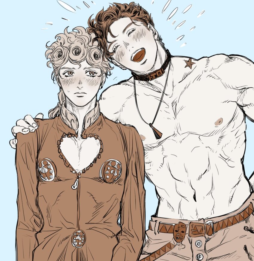 2boys birthmark black_choker black_hair blonde_hair blush braid choker clothing_cutout father_and_son giorno_giovanna hand_on_another&#039;s_shoulder happy_aura heart_cutout jewelry joestar_birthmark jojo_no_kimyou_na_bouken jonathan_joestar ladybug_ornament limited_palette long_sleeves male_focus multiple_boys muscular muscular_male necklace open_mouth phantom_blood short_hair smile star_(symbol) tomii_(tonbo_a_babel) topless_male vento_aureo