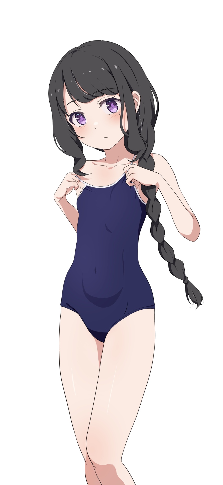 1girl absurdres aged_down bare_arms bare_legs bare_shoulders black_hair blue_one-piece_swimsuit braid braided_ponytail breasts closed_mouth covered_navel elsa_granhilte feet_out_of_frame hair_over_shoulder hands_up head_tilt highres light_blush long_hair looking_at_viewer mole mole_under_eye na-suke one-piece_swimsuit purple_eyes re:zero_kara_hajimeru_isekai_seikatsu school_swimsuit sidelocks simple_background small_breasts solo standing strap_pull swept_bangs swimsuit white_background