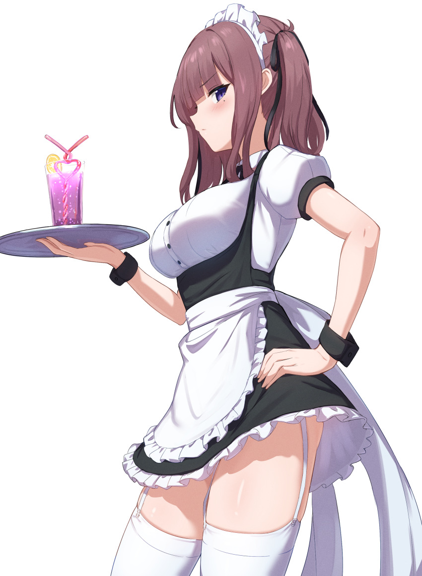 1girl absurdres apron black_ribbon black_wrist_cuffs breasts brown_hair buttons cevio commentary_request cowboy_shot cup drink drinking_glass drinking_straw garter_straps hair_ribbon hand_on_own_hip highres holding holding_tray looking_at_viewer maid maid_apron maid_headdress mole mole_under_eye natsuki_karin puffy_short_sleeves puffy_sleeves purple_eyes ribbon ruttse short_sleeves simple_background solo thighhighs tray twintails waist_apron white_apron white_background white_garter_straps white_thighhighs wrist_cuffs