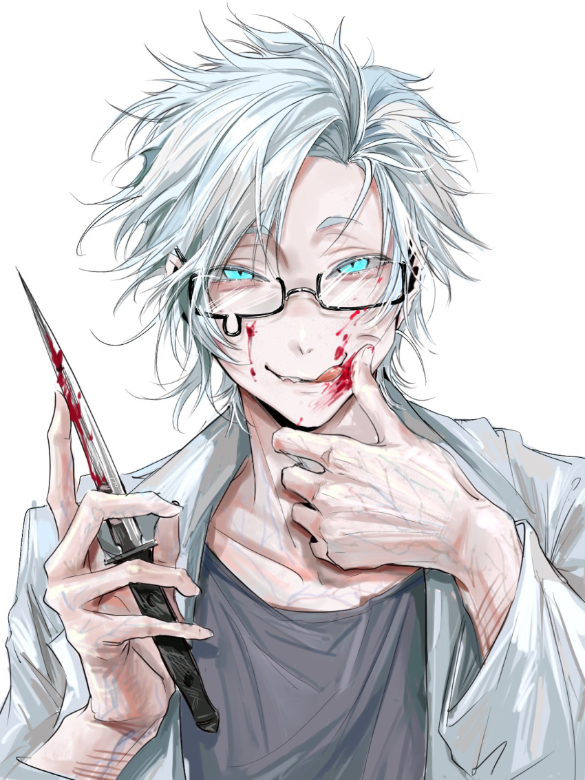 1boy aqua_eyes black-framed_eyewear blood blood_on_face chinese_commentary commentary_request finger_to_cheek glasses grey_shirt highres holding holding_knife jacket kanou_aogu knife long_sleeves looking_at_viewer male_focus saibou_shinkyoku semi-rimless_eyewear shirt short_hair simple_background smile solo teardrop-framed_glasses tongue tongue_out upper_body variant_set veins white_background white_hair white_jacket youling