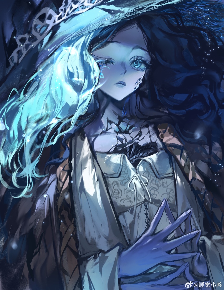 1girl blue_background blue_eyes blue_hair blue_hat blue_lips brown_cloak bubble cable chinese_commentary cloak closed_mouth collarbone collared_shirt commentary_request crack elden_ring expressionless extra_arms fingernails floral_print hat highres long_eyelashes long_hair long_sleeves looking_at_viewer one_eye_closed own_hands_together ranni_the_witch ribbon rose_print shirt shirt_slip solo submerged underwater upper_body watermark weibo_watermark white_ribbon white_shirt white_sleeves witch_hat zi_yin