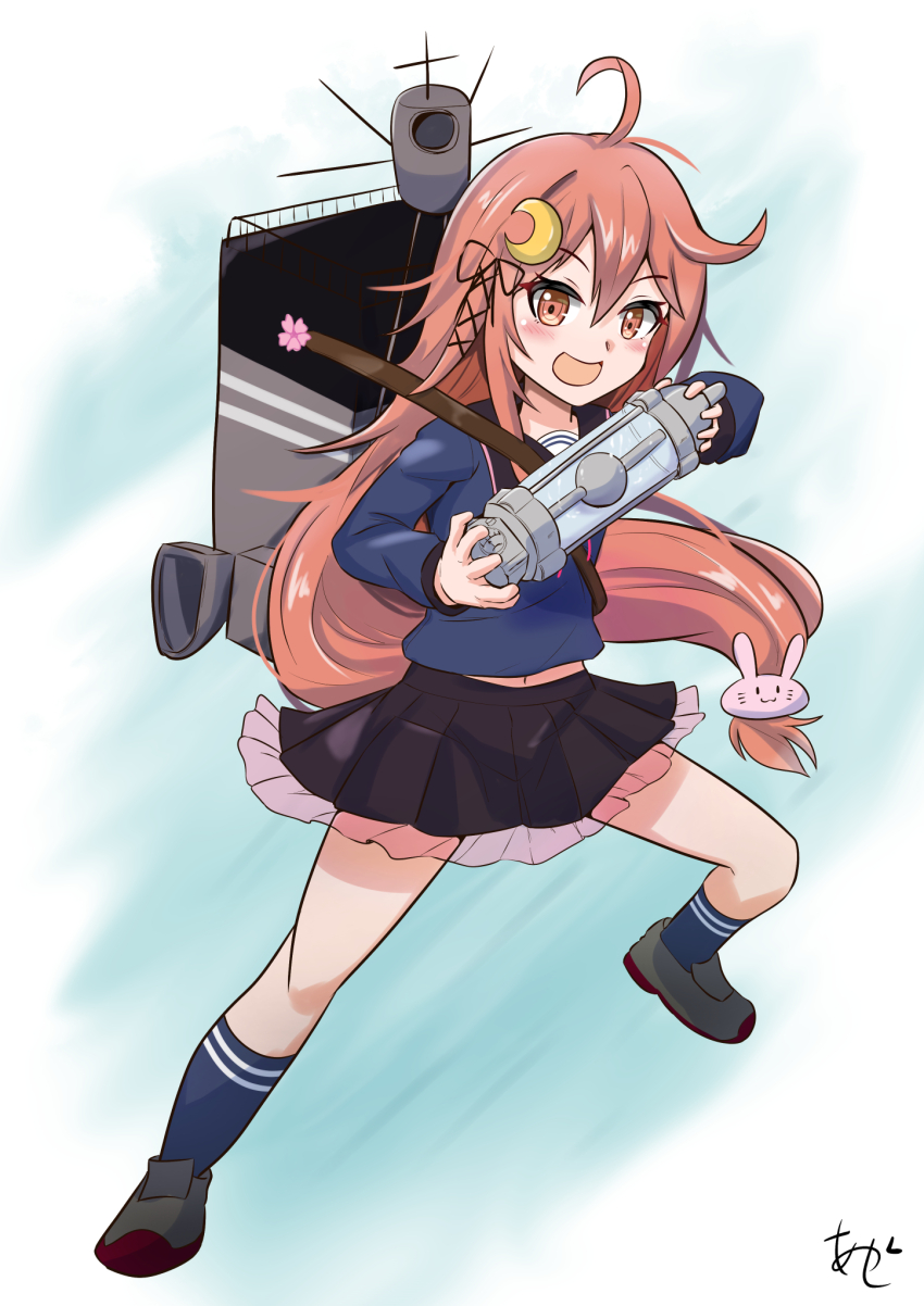 1girl ahoge akashieru black_sailor_collar black_skirt blue_shirt chemical_weapon crescent crescent_hair_ornament frilled_skirt frills godzilla_(1954_movie) godzilla_(series) hair_ornament highres kantai_collection long_hair low-tied_long_hair machinery oxygen_destroyer pink_hair rabbit_hair_ornament red_eyes sailor_collar sailor_shirt school_uniform serafuku shirt skirt solo standing toho uzuki_(kancolle) weapon_of_mass_destruction