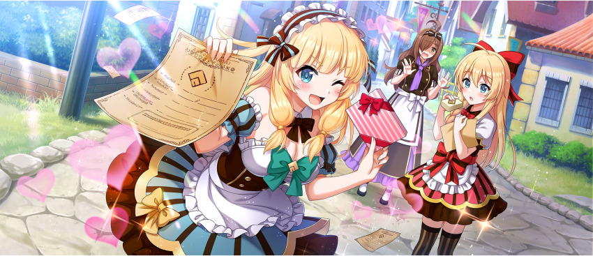 3girls ;d ahoge apron armpit_crease blonde_hair blue_eyes blue_skirt blue_sleeves blunt_bangs blush bow bow_hairband bow_skirt bowtie box braid breasts brochure brown_bow brown_bowtie brown_dress brown_eyes brown_hair brown_hairband brown_skirt brown_sleeves brown_thighhighs building buttons cecily_(konosuba) cleavage collar detached_collar detached_sleeves double-breasted dress dress_shirt flying_sweatdrops frilled_apron frilled_hairband frilled_shirt frilled_sleeves frills game_cg gift gift_box gold_trim hair_bow hair_over_one_eye hair_tie hairband hands_up highres holding holding_box holding_paper holding_soap iris_(konosuba) kono_subarashii_sekai_ni_shukufuku_wo! konosuba!_fantastic_days large_bow large_breasts leaning_forward long_dress long_hair long_skirt looking_at_viewer low-tied_sidelocks matching_outfits miniskirt multicolored_skirt multiple_girls necktie official_alternate_costume official_art one_eye_closed open_mouth outdoors paper pink_skirt puffy_detached_sleeves puffy_short_sleeves puffy_sleeves purple_necktie purple_skirt red_bow red_bowtie road shaded_face shirt short_sleeves side_braid sidelocks skirt skirt_under_dress smile soap standing strapless strapless_shirt street striped_clothes striped_thighhighs sunlight thighhighs two-tone_skirt two-tone_sleeves underbust v-shaped_eyebrows valentine vertical-striped_clothes vertical-striped_thighhighs waist_apron wavy_hair white_apron white_collar white_shirt wiz_(konosuba) yellow_bow zettai_ryouiki
