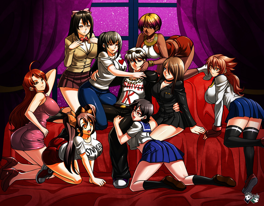 10s 1boy 6+girls :d absurdres ahoge all_fours animhyxtape arm_up ass bare_arms bare_legs bare_shoulders belt between_legs black_choker black_footwear black_hair black_jacket black_neckwear black_pants black_skirt black_socks blonde_hair blue_eyes blue_skirt blush borrowed_character bow bowtie breasts breasts_squeezed_together brown_eyes brown_footwear brown_hair brown_skirt butt_crack chain character_name choker chun_hee cleavage closed_mouth clothes_writing collarbone colored_skin crossover curtains dark_skin denim denim_shorts dress dubstep edm eyewear_on_head fingerless_gloves glasses gloves grabbing_another&#039;s_breast gradient_hair grey_eyes groping gungly guntrol hair_between_eyes hair_bow hair_over_one_eye half-closed_eyes hand_on_another&#039;s_face hand_on_another&#039;s_stomach hand_on_another&#039;s_thigh hands_up harem harem_king heart high_heels high_ponytail highres hip_hop hug huge_filesize impossible_clothes impossible_dress indoors jacket jadenkaiba jeans jewelry judy_knight kawamura_kiyomi kill_la_kill kneehighs kneeling large_breasts leaning_forward leg_up long_hair long_sleeves looking_at_another midriff miniskirt morita_miyuki morita_miyuri multicolored_hair multiple_girls necklace night oogure_maiko open_mouth orange_bow orange_eyes original pants parted_bangs parted_lips pimp pink_bow pink_dress pink_eyes pleated_skirt ponytail purple_eyes purple_hair rakkuza_yui rap red_bow red_dress red_eyes red_footwear red_gloves red_hair red_neckwear red_shorts ribbon school_uniform serafuku shiny_clothes shiny_skin shirt shoes short_dress short_hair short_sleeves shorts sidelocks silver_hair sitting skirt sky sleeveless sleeveless_dress smile sneakers sniver_k socks standing standing_on_one_leg star_(sky) starry_sky sunglasses t-shirt t.omboi thighhighs tiptoes twintails v_arms white_legwear white_shirt white_skin window yamada_(gungly) yellow_jacket zettai_ryouiki