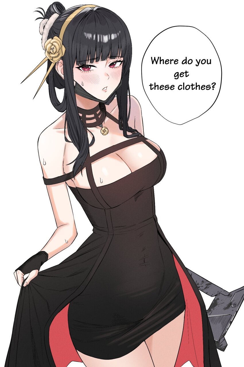 1girl black_dress black_gloves black_hair blush breasts cleavage commentary_request cosplay d_(nikke) dress english_text fingerless_gloves flower gloves goddess_of_victory:_nikke hair_flower hair_ornament highres holding holding_weapon hyuiil365 korean_commentary large_breasts long_hair looking_at_viewer open_mouth red_eyes simple_background solo speech_bubble spy_x_family sweatdrop thighs weapon white_background yor_briar yor_briar_(cosplay)