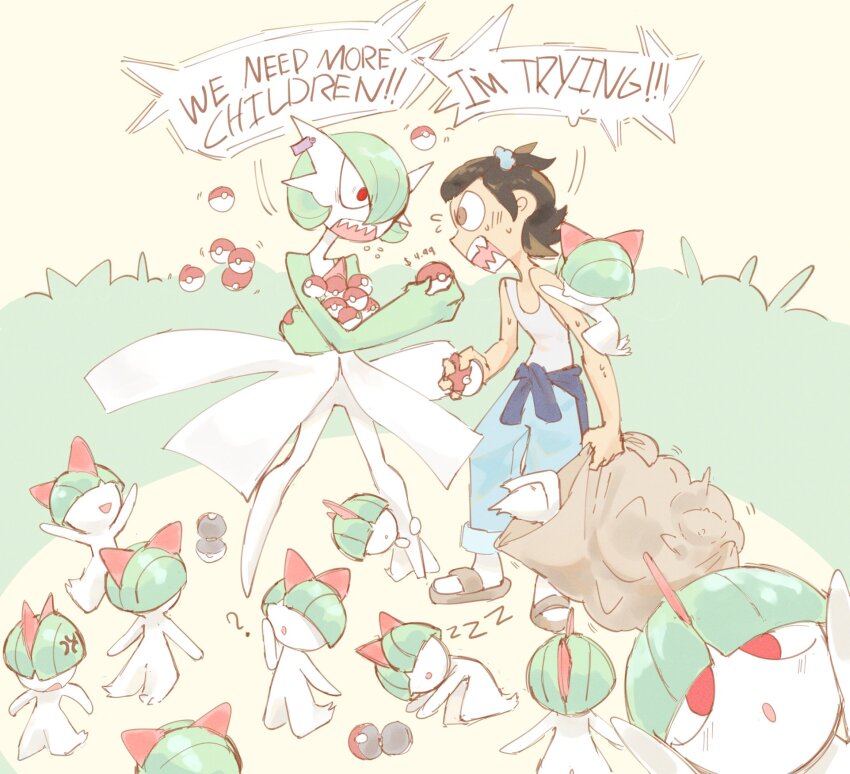 1boy anger_vein black_hair bob_cut bowl_cut bush colored_skin dress gardevoir gen_3_pokemon green_hair green_skin hair_over_one_eye highres holding holding_poke_ball holding_sack horns multicolored_skin n0ctyrra nintendo open_mouth poke_ball poke_ball_(basic) pokemon pokemon_(creature) pokemon_go ralts red_eyes sack sharp_teeth shirt shouting speech_bubble teeth two-tone_skin white_dress white_shirt white_skin zzz