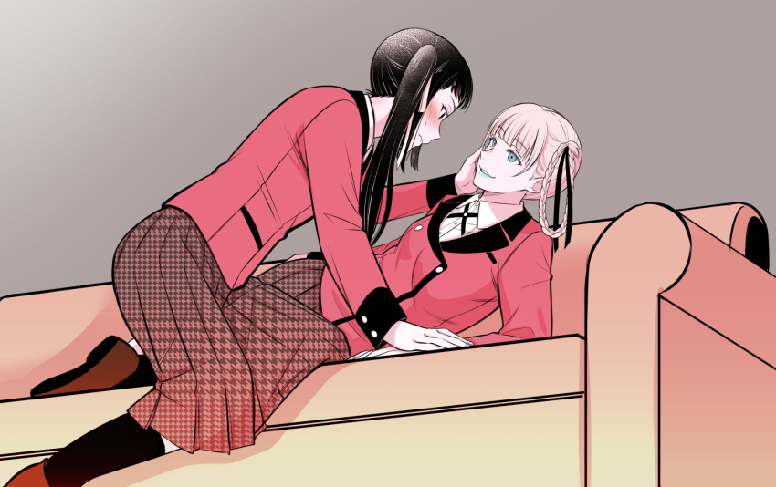 2girls black_hair black_socks blue_eyes blue_lips blush braid braided_hair_rings brown_shoes closed_mouth collared_shirt commentary_request couch dress_shirt eye_contact grey_background hair_rings hand_on_another&#039;s_cheek hand_on_another&#039;s_face hyakkaou_academy_school_uniform igarashi_sayaka jacket kakegurui kanbayashi_makoto lipstick long_hair looking_at_another lying makeup momobami_kirari multiple_girls on_couch on_side parted_lips pleated_skirt red_jacket school_uniform shirt shoes side_ponytail skirt socks white_hair white_shirt wing_collar yuri
