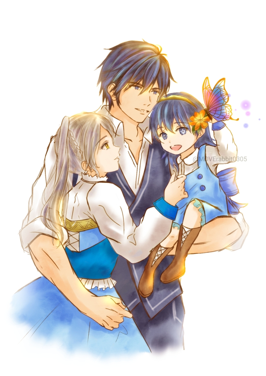 1boy 2girls aged_down ahoge blue_eyes blue_hair boots breasts bug butterfly carrying carrying_person chrom_(fire_emblem) eyelashes family father_and_daughter female_robin_(fire_emblem) fire_emblem fire_emblem_awakening flat_chest flower full_body hair_flower hair_ornament hand_up happy highres husband_and_wife insect intelligent_systems knee_boots long_hair looking_at_another lucina_(fire_emblem) male_focus medium_breasts mother_and_daughter moverabbit0305 multiple_girls nintendo open_mouth short_hair sidelocks standing swept_bangs tiara toned toned_male twintails white_hair