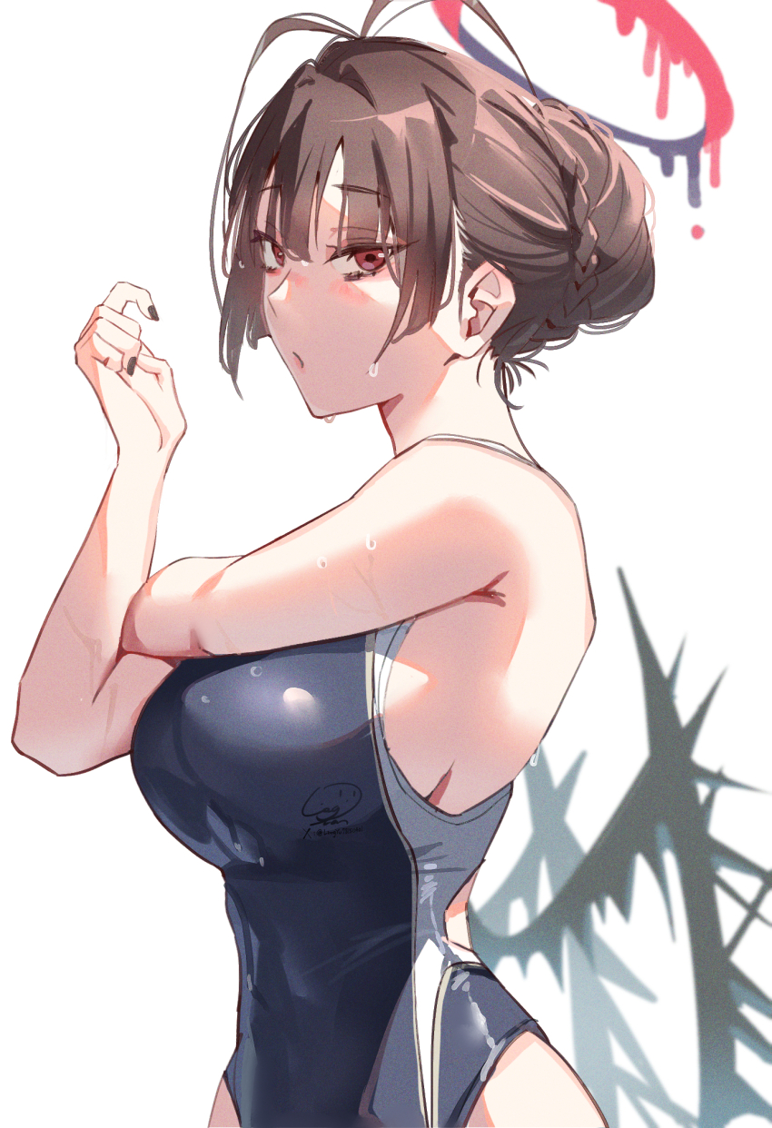1girl antenna_hair black_hair black_nails black_wings blood blood_halo blue_archive blue_one-piece_swimsuit breasts cross-body_stretch halo highleg highleg_one-piece_swimsuit highres large_breasts liang_yuan liquid_halo low_wings one-piece_swimsuit red_eyes school_swimsuit simple_background solo swimsuit tsurugi_(blue_archive) white_background wings