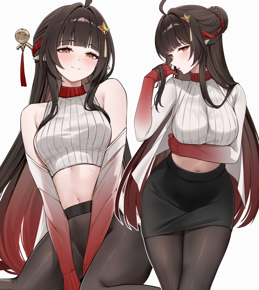 1girl ahoge alternate_costume arm_under_breasts bare_shoulders between_legs black_pantyhose black_skirt blush breasts brown_hair closed_mouth colored_extremities commentary crop_top detached_sleeves diamond-shaped_pupils diamond_(shape) gradient_hair gradient_sleeves hair_ornament hand_between_legs hand_up highres honkai:_star_rail honkai_(series) lingsha_(honkai:_star_rail) long_hair looking_at_viewer lunacle medium_breasts multicolored_hair multiple_views navel no_pants orange_eyes pantyhose parted_lips pointy_ears red_hair red_hands shirt sidelocks simple_background sitting skirt smile stomach symbol-shaped_pupils very_long_hair wariza white_background white_shirt