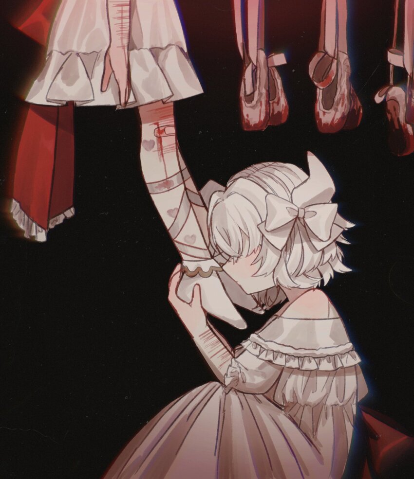 2girls ballet_slippers bandaged_leg bandages bandaid bandaid_on_knee bandaid_on_leg black_background blood bow commentary_request death dress footwear_bow hair_bow hanged heart heart_print highres holding horns mercure_1104 multiple_girls original ribbon self-harm short_hair suicide white_bow white_dress white_footwear white_hair wrist_cutting