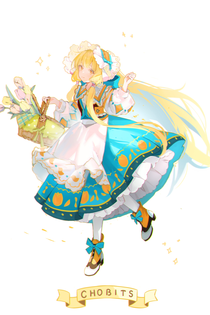 1girl absurdres alternate_costume ankle_boots basket blonde_hair blue_bow blue_ribbon blue_skirt bonnet boots bow chii chobits closed_mouth collared_shirt commentary_request copyright_name flower footwear_bow frilled_skirt frills full_body hair_tubes hands_up highres holding holding_basket light_smile long_hair long_sleeves looking_at_viewer pantyhose puffy_long_sleeves puffy_sleeves ribbon robot_ears shirt sidelocks simple_background skirt solo sparkle standing standing_on_one_leg tulip very_long_hair vest white_background white_pantyhose white_shirt yellow_eyes zhongji_yaoguai
