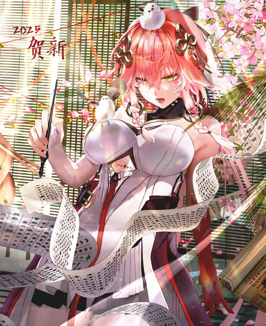 1girl absurdres animal animal_on_head bare_shoulders bird bird_on_head black_collar black_jacket breasts changli_(wuthering_waves) chinese_commentary collar colored_extremities commentary_request cowboy_shot dress hair_between_eyes hair_ornament highres holding holding_pen jacket jin_sumire large_breasts long_hair looking_down multicolored_hair on_head open_mouth paper pen pink_hair red_hands solo tacet_mark_(wuthering_waves) two-tone_hair white_dress white_hair wuthering_waves yellow_eyes