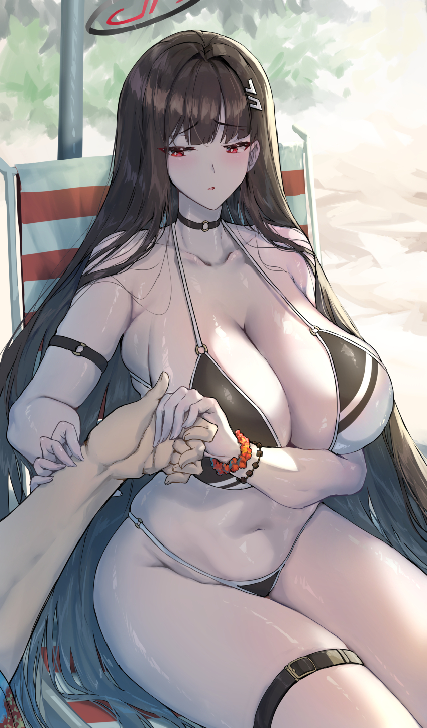 1boy 1girl absurdres alternate_language arm_strap bikini black_bikini black_hair blue_archive bracelet breasts chair choker commentary_request halo hetero highres holding_hands jewelry large_breasts long_hair navel outdoors red_eyes rio_(blue_archive) sensei_(blue_archive) sitting sunnysideup swimsuit thigh_strap very_long_hair