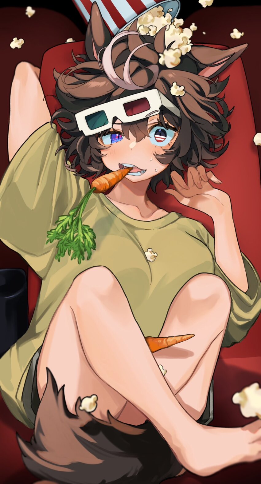 1girl 3d_glasses animal_ears barefoot black_eyes blue_eyes breasts brown_hair carrot collarbone commission food food_in_mouth heterochromia highres horse_ears horse_girl horse_tail mayumayu024 medium_breasts multicolored_eyes multicolored_hair open_mouth popcorn shirt skeb_commission solo streaked_hair sweat tail tomoe_umari v-dere virtual_youtuber white_hair yellow_shirt