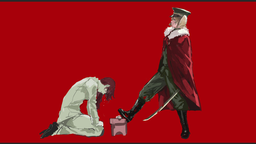 2girls black_footwear blonde_hair blood blood_on_clothes bloody_weapon boots cape commentary_request crying daiba_nana expressionless foot_pushing from_side frown full_body fur-trimmed_cape fur_trim green_eyes green_hat green_jacket green_pants hands_on_own_knees hat head_down highres hoshimi_junna jacket katana knee_boots long_hair looking_at_another military_uniform multiple_girls osakana_(denpa_yun&#039;yun) pants pants_tucked_in peaked_cap ponytail profile red_background red_cape red_hair sanbou seiza seppuku shoes short_hair short_twintails shoujo_kageki_revue_starlight simple_background sitting sword twintails weapon white_jacket white_pants