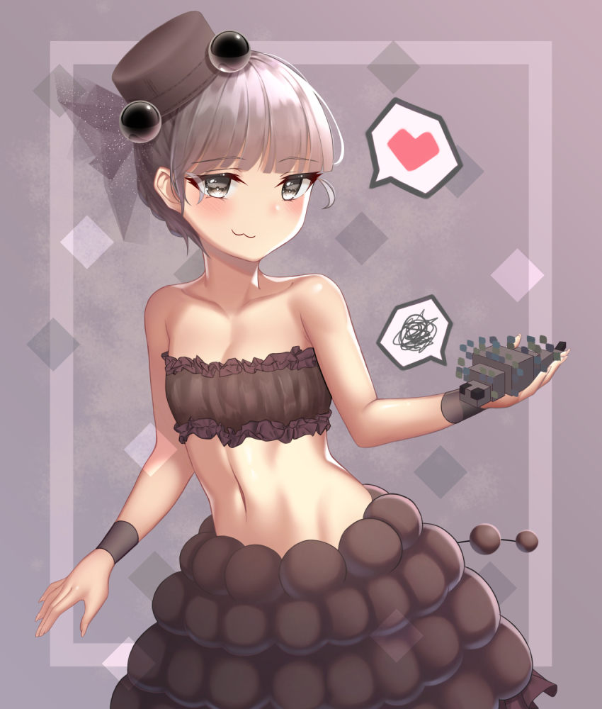 1girl bandeau bare_shoulders blush collarbone creature_and_personification destinyplayer1 flat_chest frilled_bandeau grey_bandeau grey_eyes grey_hair grey_hat grey_skirt hat heart highres looking_at_viewer midriff minecraft mob_talker navel personification short_hair silverfish_(at2.) silverfish_(minecraft) skirt solo spoken_heart strapless