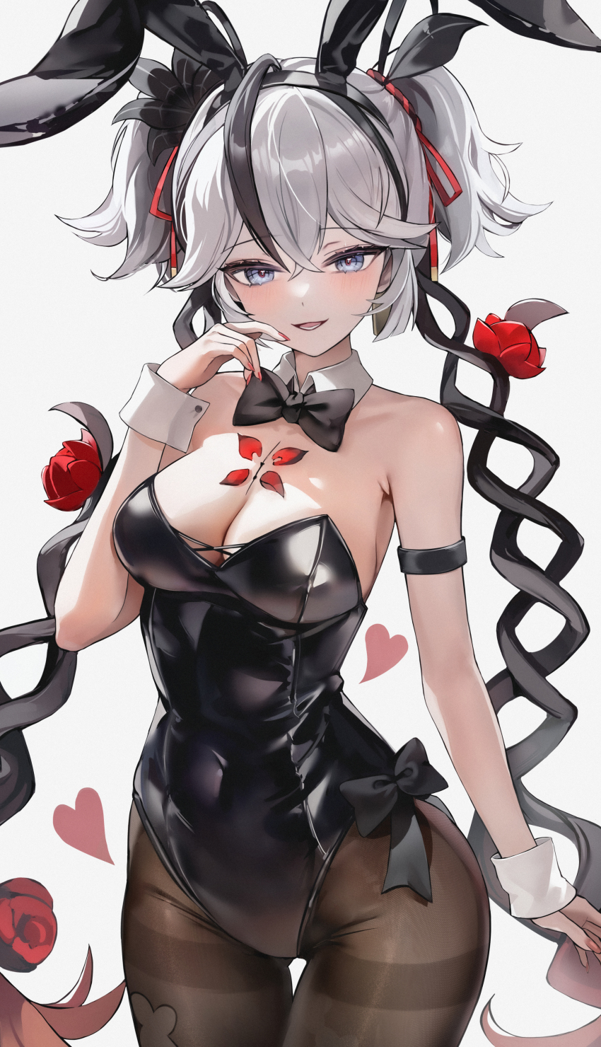 1girl absurdres alternate_costume animal_ear_hairband animal_ears arm_strap bare_shoulders black_bow black_bowtie black_flower black_leotard black_pantyhose black_ribbon blake_bloom_(wuthering_waves) bow bowtie breasts camellya_(wuthering_waves) collar commentary covered_navel cowboy_shot detached_collar earrings fake_animal_ears fingernails flower gold_earrings hair_between_eyes hair_flower hair_ornament hair_ribbon hair_vines hairband hand_up hashtag-only_commentary heart highres jewelry large_breasts leotard looking_at_viewer pantyhose rabbit_ear_hairband rabbit_ears red_ribbon ribbon short_hair short_twintails simple_background smile solo tacet_mark_(wuthering_waves) twintails white_background white_collar white_hair wuthering_waves zije