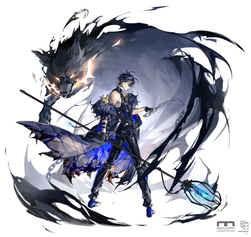 1boy absurdres alchemy_stars belt black_coat black_gloves black_hair black_pants black_shirt blue_socks chain closed_mouth coat fingerless_gloves frown full_body fur-trimmed_coat fur_trim gloves highres holding holding_staff hydrad_(alchemy_stars) looking_at_viewer looking_back male_focus no_shoes off_shoulder pants shirt short_hair sleeveless sleeveless_shirt socks solo staff standing tallplaycold turtleneck white_background wolf yellow_eyes